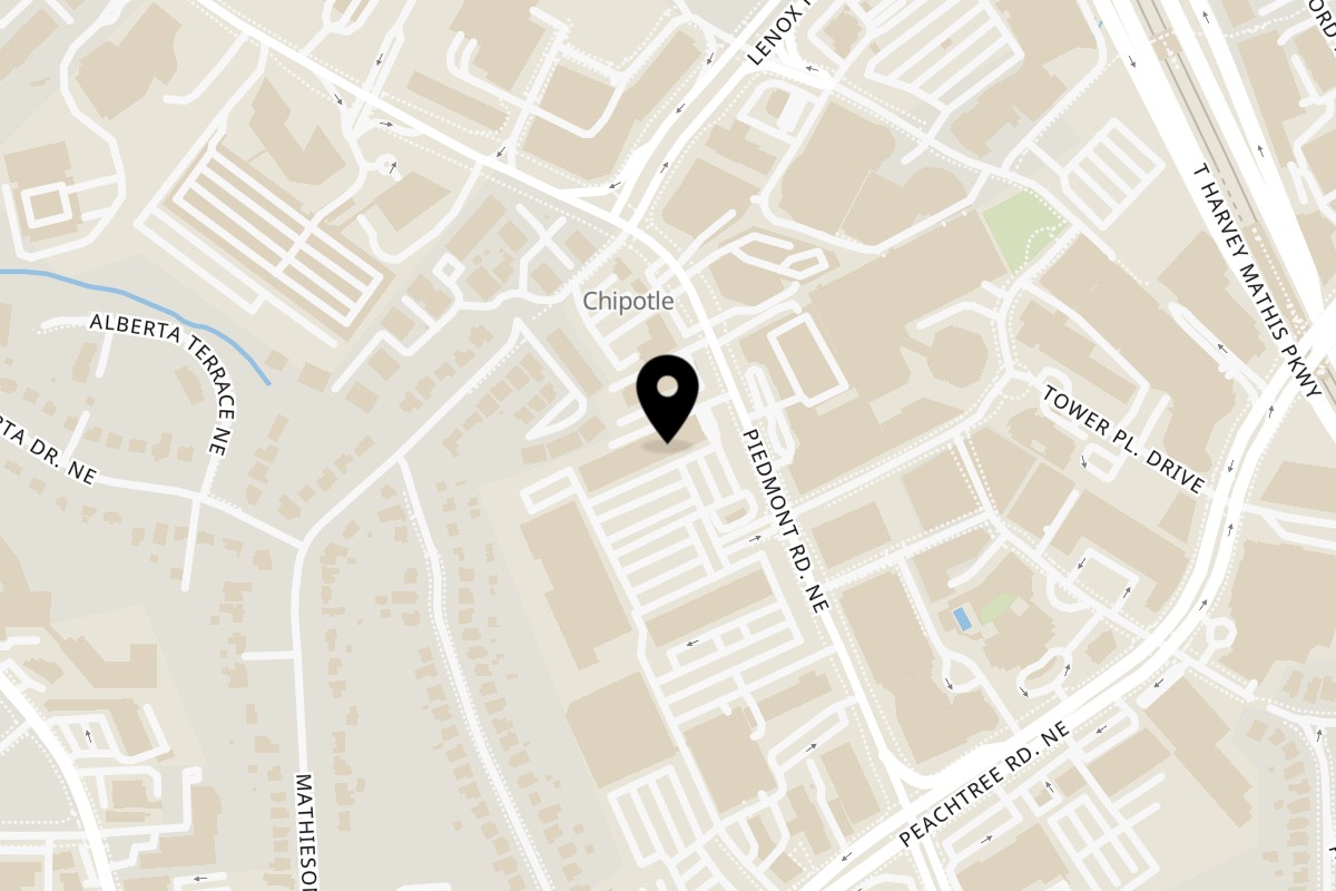 Map showing the location of Piu Bello Buckhead on 3330 Piedmont Rd NE #27A in Atlanta